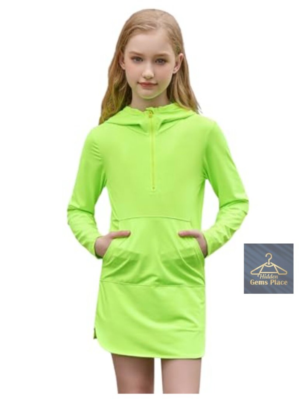 Girls Lightweight Swim Cover Up Dress Long Sleeve Packable Hooded 1/4 Zip